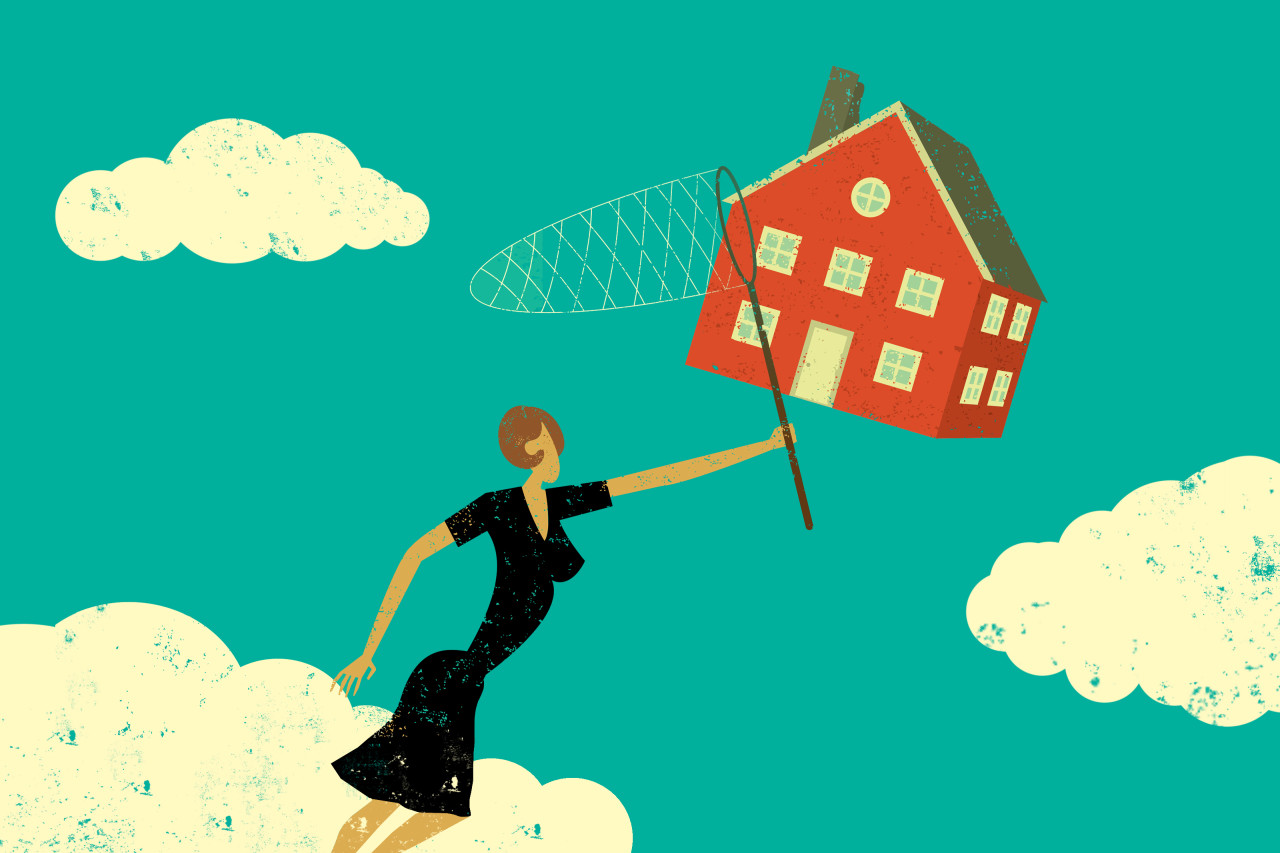 Brightly colored illustration of a woman with a butterfly net trying to catch a house